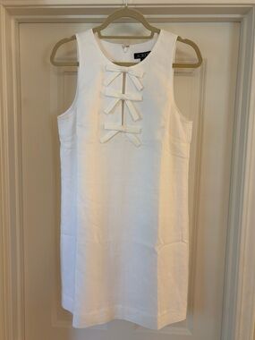 NWT J. Crew White Sleeveless Bow-front Stretch Linen Blend Shift Dress, Size S